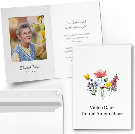 10 PERSONALISIERTE Trauer Danksagungen Dankeskarten mit eigenem Text und Foto | Individuell anpassbare Danke Trauerkarten mit Briefumschlägen | Karten Anteilnahme Blumen bunt