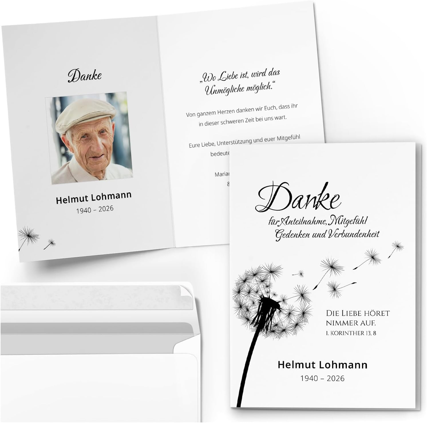 Einladungskarten Manufaktur Hamburg 10 PERSONALISIERTE Trauer Danksagungen Dankeskarten mit Text und Foto | Individuell anpassbare Trauerkarten mit Briefumschlägen | Karten Pusteblume