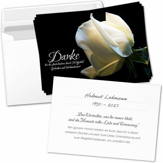 8 Trauer Danksagungskarten ausfüllbar mit Umschlag - Danke Trauerkarten Postkarten nach Beerdigung zum Ausfüllen mit Text Motiv Weisse Rose Rosen