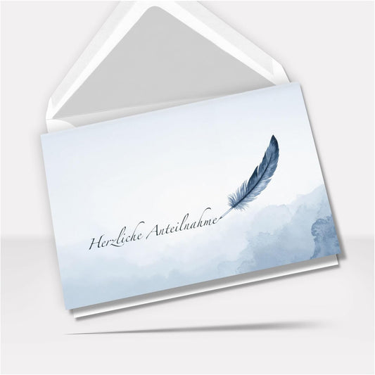 Trauerkarte Beileid mit Umschlag – Beileidskarte Kondolenzkarte – Hochwertige Klappkarte für persönliche Anteilnahme Motiv Feder