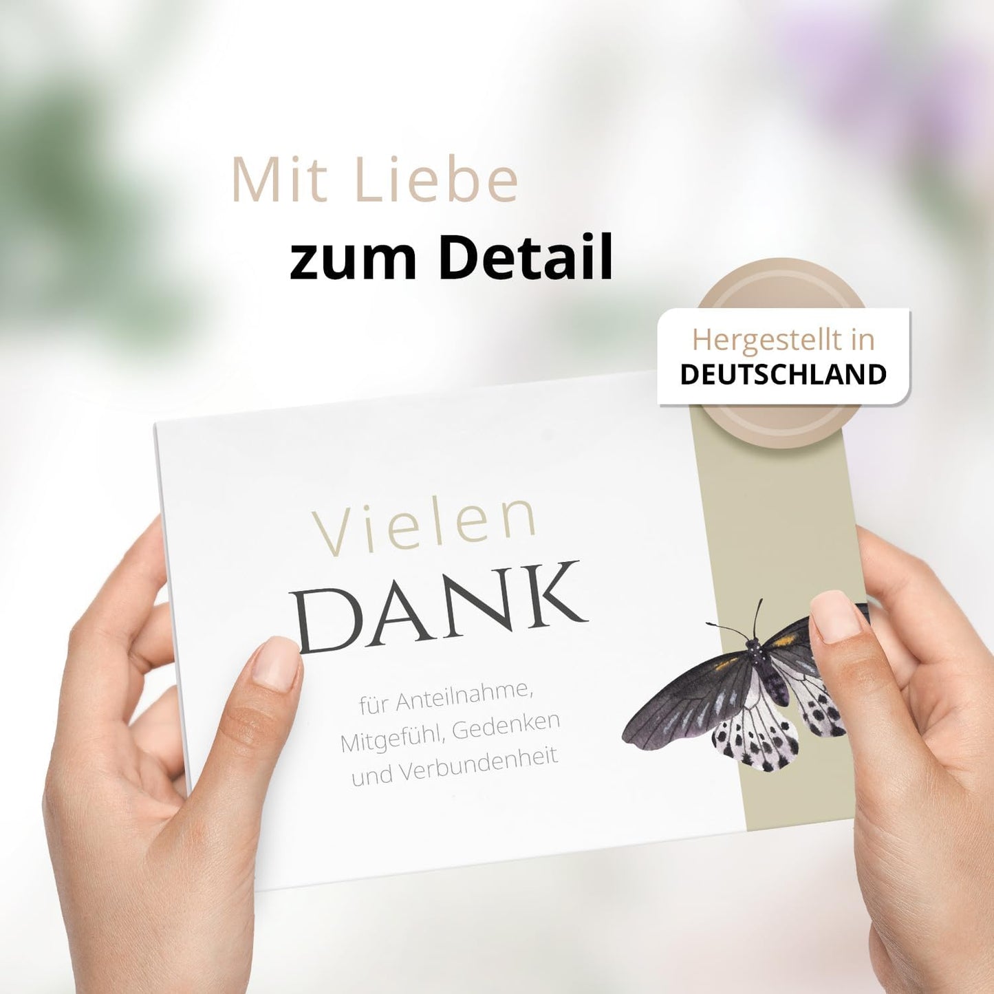 Danksagungskarten Trauer – 10 Klappkarten mit Umschlägen – Motiv: Schmetterling auf Beige – Trauerkarten Danksagung mit Text Dankeskarten Trauer Beerdigung