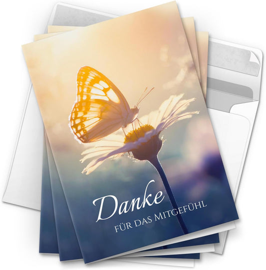 Danksagungskarten Trauer – 10 Klappkarten mit Umschlägen – Motiv: Schmetterling – Trauerkarten Danksagung mit Text – Dankeskarten Trauer nach Beerdigung