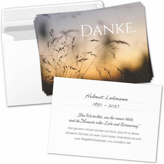 8 Trauer Danksagungskarten ausfüllbar mit Umschlag - Danke Trauerkarten Postkarten nach Beerdigung zum Ausfüllen mit Text Motiv Gräser im Wind