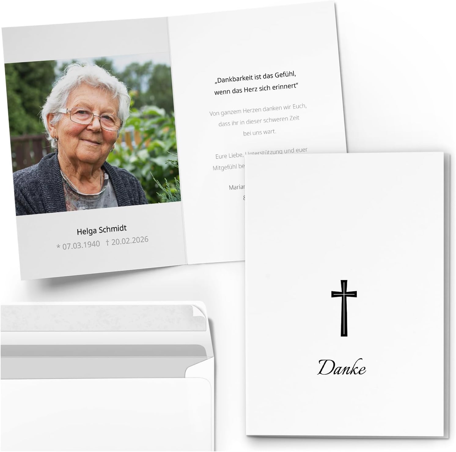 10 PERSONALISIERTE Trauer Danksagungen Dankeskarten mit eigenem Text und Foto | Individuell anpassbare Danke Trauerkarten mit Briefumschlägen | Karten Kirchlich Kreuz 2