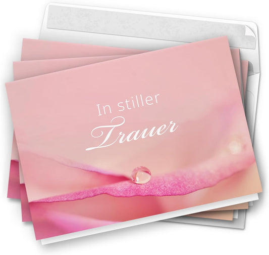 10 Trauerkarten mit Umschlag – Einladung zur Beerdigung oder Trauerfeier | Abschied | Hochwertige Klappkarten zur Todesanzeige – Motiv: Rosa Tropfen