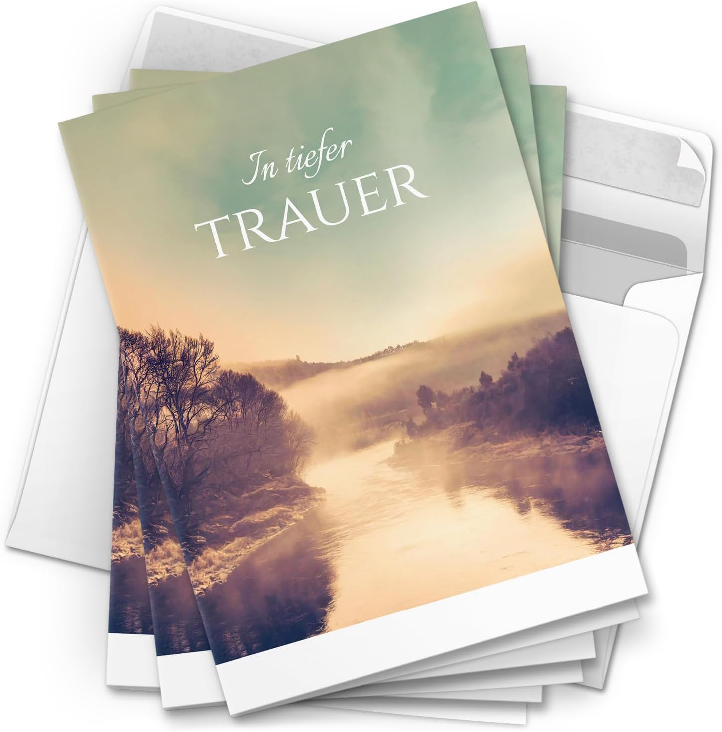 10 Trauerkarten mit Umschlag – Einladung zur Beerdigung oder Trauerfeier | Abschied | Hochwertige Klappkarten zur Todesanzeige – Motiv: Bergsee