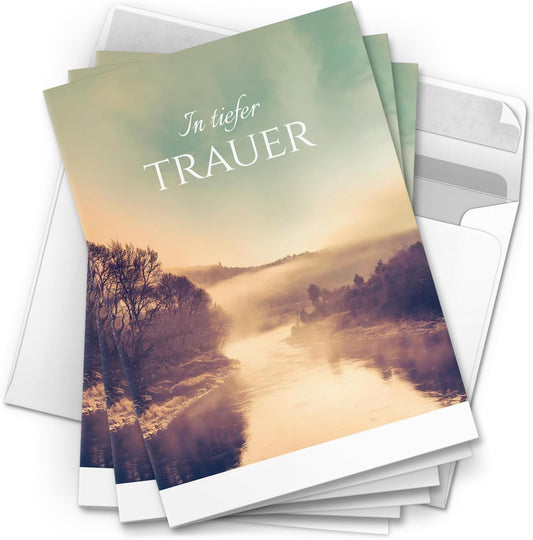 10 Trauerkarten mit Umschlag – Einladung zur Beerdigung oder Trauerfeier | Abschied | Hochwertige Klappkarten zur Todesanzeige – Motiv: Bergsee