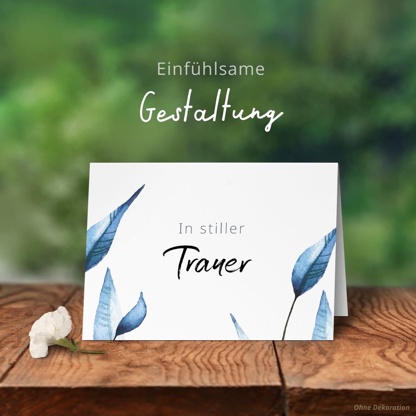 10 Trauerkarten mit Umschlag – Einladung zur Beerdigung oder Trauerfeier | Abschied | Hochwertige Klappkarten zur Todesanzeige – Motiv: Blaue Blätter