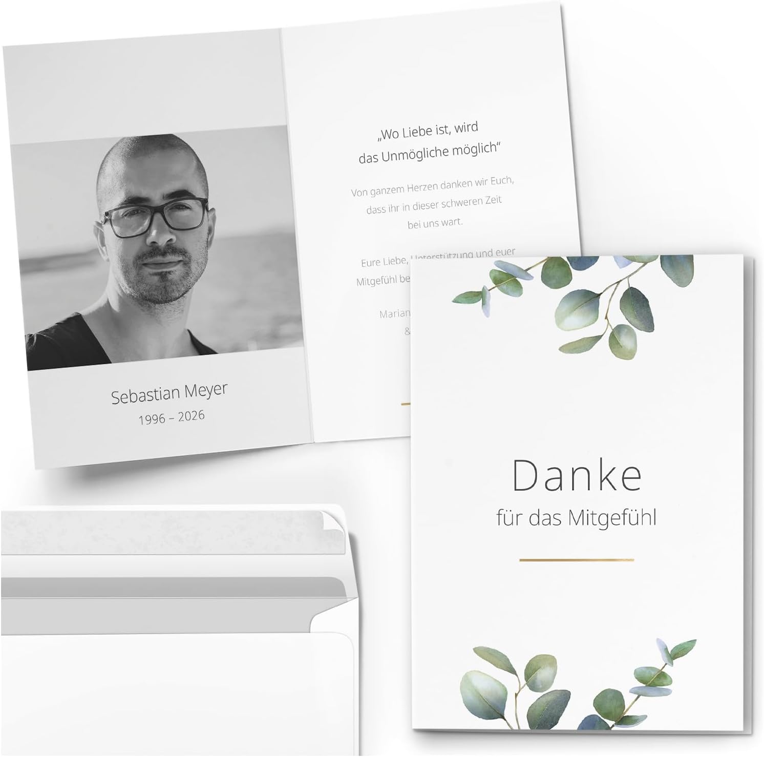 10 PERSONALISIERTE Trauer Danksagungen Dankeskarten mit eigenem Text und Foto | Individuell anpassbare Danke Trauerkarten mit Briefumschlägen | Karten Mitgefühl Eukalyptus