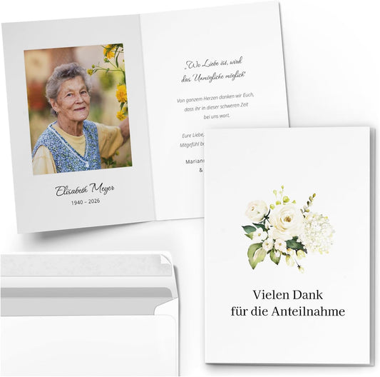 10 PERSONALISIERTE Trauer Danksagungen Dankeskarten mit eigenem Text und Foto | Individuell anpassbare Danke Trauerkarten mit Briefumschlägen | Karten Anteilnahme Blumen weiss