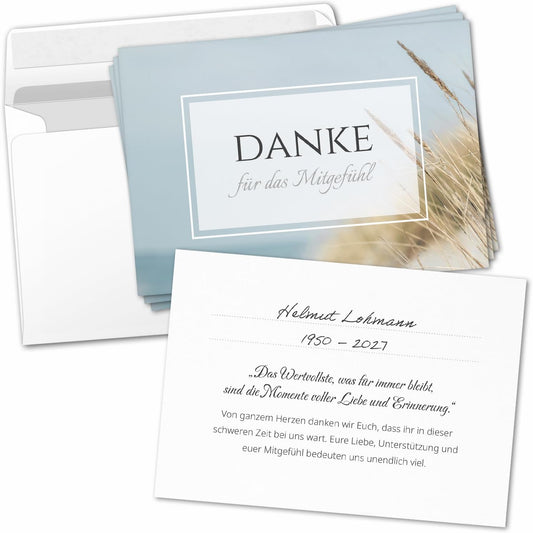 8 Trauer Danksagungskarten ausfüllbar mit Umschlag - Danke Trauerkarten Postkarten nach Beerdigung zum Ausfüllen Motiv Meer Dünen See Seebestattung