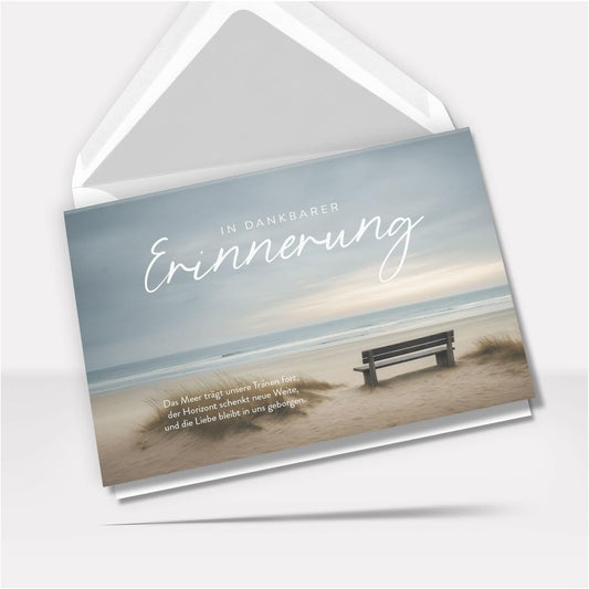 Trauerkarte Beileid mit Umschlag – Beileidskarte Kondolenzkarte – Hochwertige Klappkarte für persönliche Anteilnahme Motiv Bank am Strand Meer