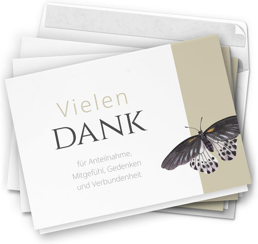 Danksagungskarten Trauer – 10 Klappkarten mit Umschlägen – Motiv: Schmetterling auf Beige – Trauerkarten Danksagung mit Text Dankeskarten Trauer Beerdigung