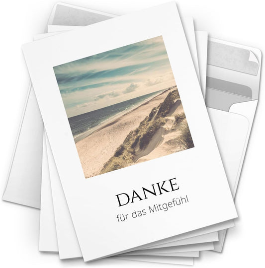 Danksagungskarten Trauer – 10 Klappkarten mit Umschlägen – Motiv: Fenster zum Strand – Trauerkarten Danksagung mit Text – Dankeskarten Trauer nach Beerdigung