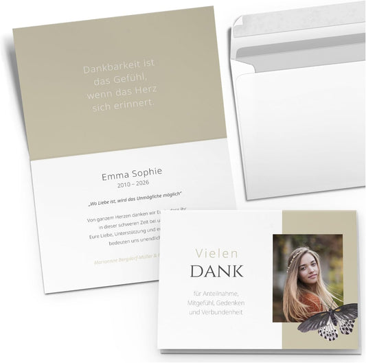 Einladungskarten Manufaktur Hamburg 10 PERSONALISIERTE Trauer Danksagungen Dankeskarten mit eigenem Text und Foto | Individuell anpassbare Trauerkarten mit Briefumschlägen | Karten Design 02