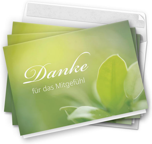 Danksagungskarten Trauer – 10 Klappkarten mit Umschlägen – Motiv: Grüne Natur – Trauerkarten Danksagung mit Text – Dankeskarten Trauer nach Beerdigung