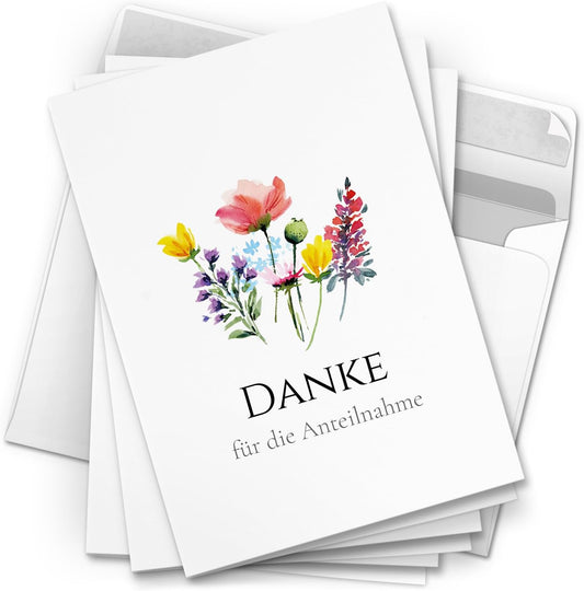 Danksagungskarten Trauer – 10 Klappkarten mit Umschlägen – Motiv: Blumen Mix – Trauerkarten Danksagung mit Text – Dankeskarten Trauer nach Beerdigung