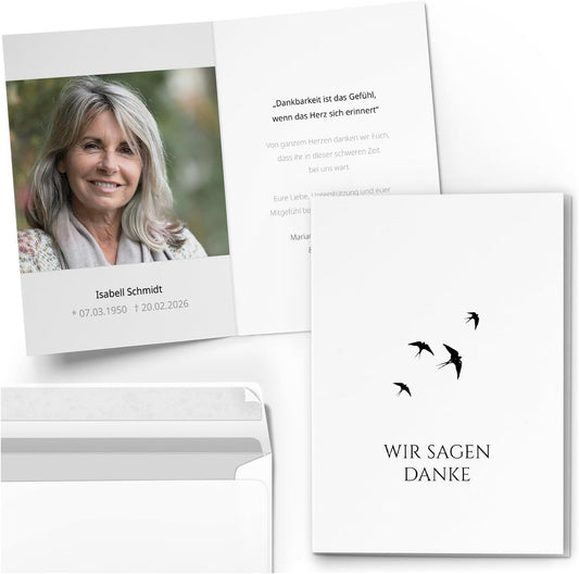 10 PERSONALISIERTE Trauer Danksagungen Dankeskarten mit eigenem Text und Foto | Individuell anpassbare Danke Trauerkarten mit Briefumschlägen | Karten Vögel im Wind