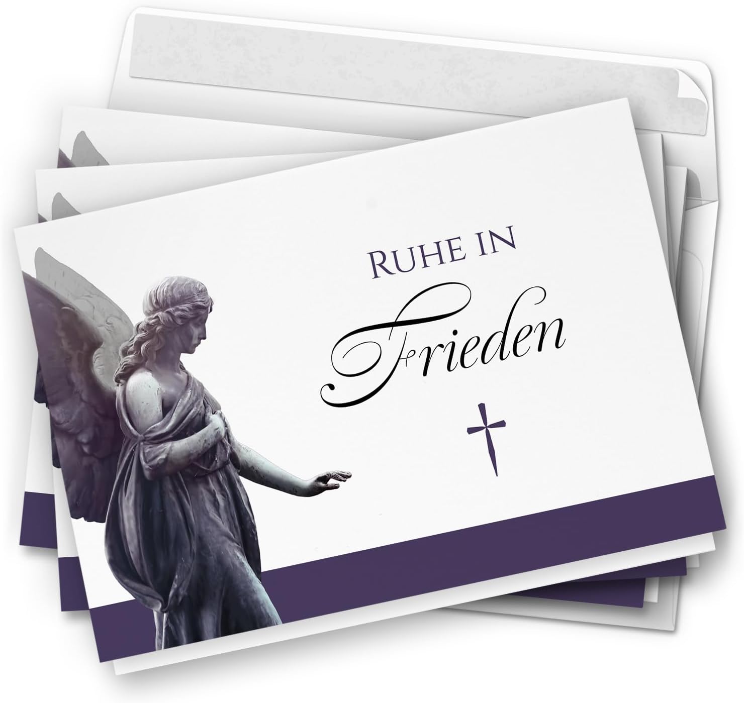 10 Trauerkarten mit Umschlag – Einladung zur Beerdigung oder Trauerfeier | Abschied | Hochwertige Klappkarten zur Todesanzeige – Motiv: Engel
