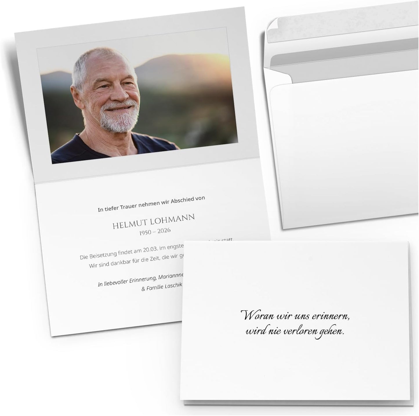 10x Einladung Beerdigung und Trauerfeier PERSONALISIERT | INDIVIDUALISIERT mit Text Foto und Umschlägen Klappkarte stilvoll hochwertig Karten Motiv 01