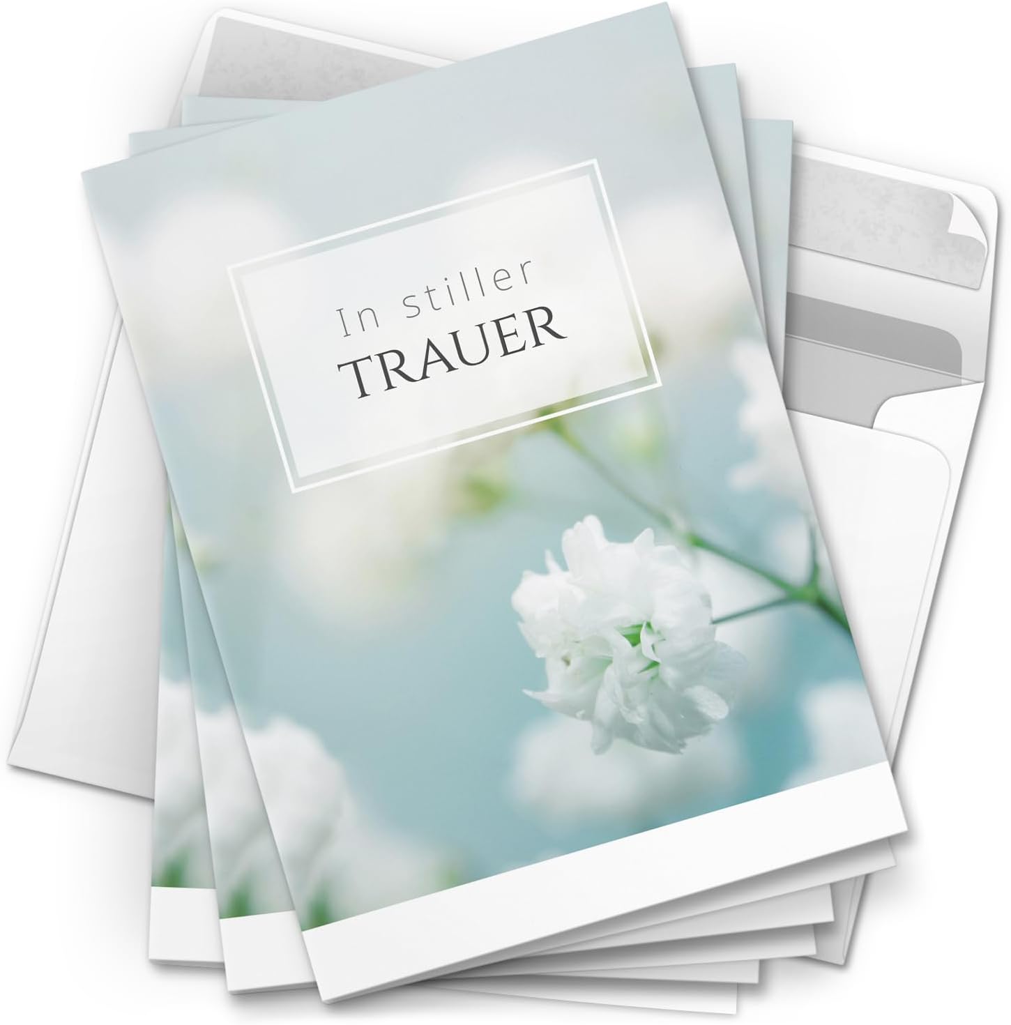 10 Trauerkarten mit Umschlag – Einladung zur Beerdigung oder Trauerfeier | Abschied | Hochwertige Klappkarten zur Todesanzeige – Motiv: Zarte Blüte