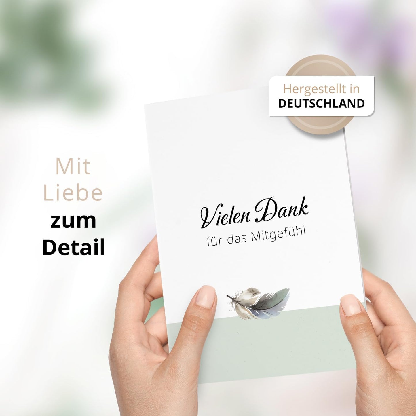 Danksagungskarten Trauer – 10 Klappkarten mit Umschlägen – Motiv: Feder auf Mint – Trauerkarten Danksagung mit Text – Dankeskarten Trauer nach Beerdigung