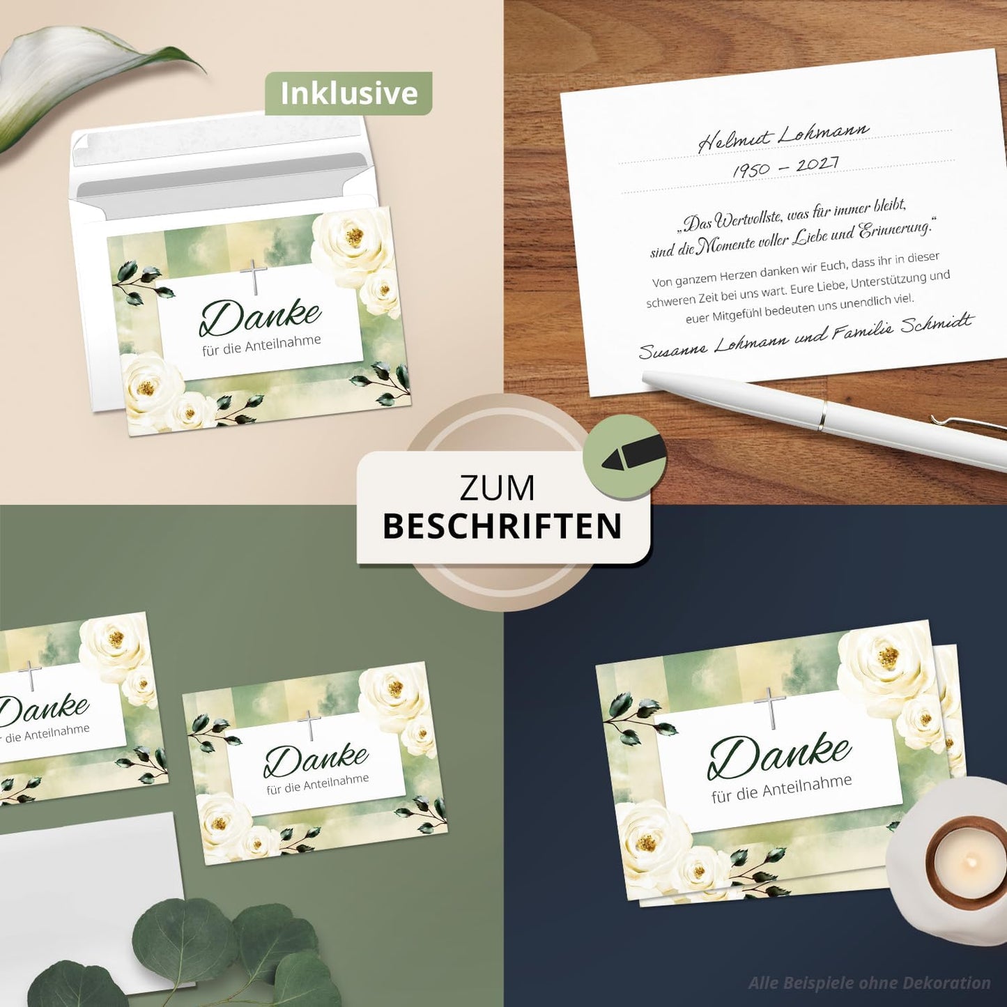 8 Trauer Danksagungskarten ausfüllbar mit Umschlag - Danke Trauerkarten Postkarten nach Beerdigung zum Ausfüllen mit Text Motiv Weisse Rosen mit Kreuz