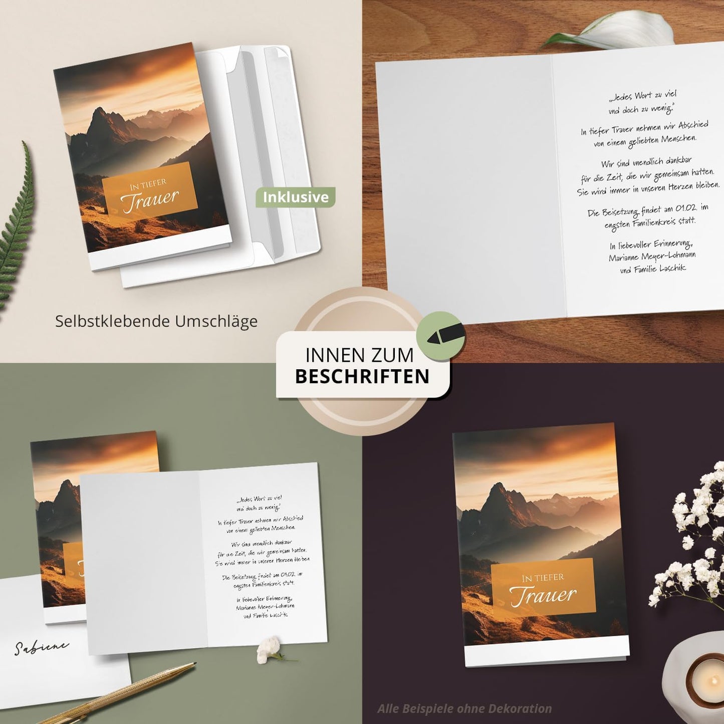 10 Trauerkarten mit Umschlag – Einladung zur Beerdigung oder Trauerfeier | Abschied | Hochwertige Klappkarten zur Todesanzeige – Motiv: Berge neblig