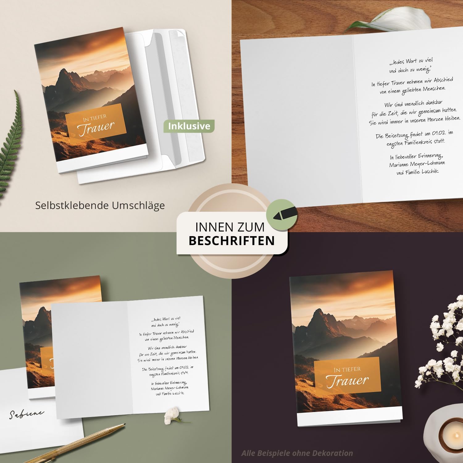10 Trauerkarten mit Umschlag – Einladung zur Beerdigung oder Trauerfeier | Abschied | Hochwertige Klappkarten zur Todesanzeige – Motiv: Berge neblig