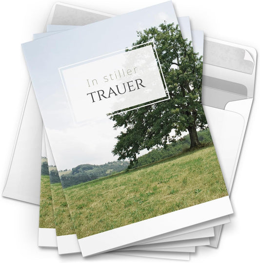 10 Trauerkarten mit Umschlag – Einladung zur Beerdigung oder Trauerfeier | Abschied | Hochwertige Klappkarten zur Todesanzeige – Motiv: Baum