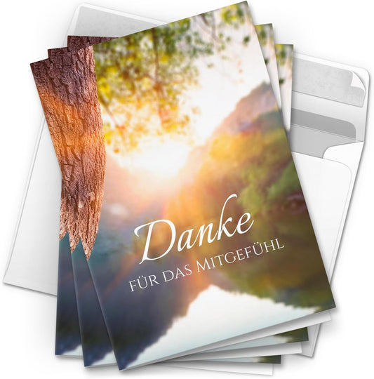 Danksagungskarten Trauer – 10 Klappkarten mit Umschlägen – Motiv: Bergsee – Trauerkarten Danksagung mit Text – Dankeskarten Trauer nach Beerdigung