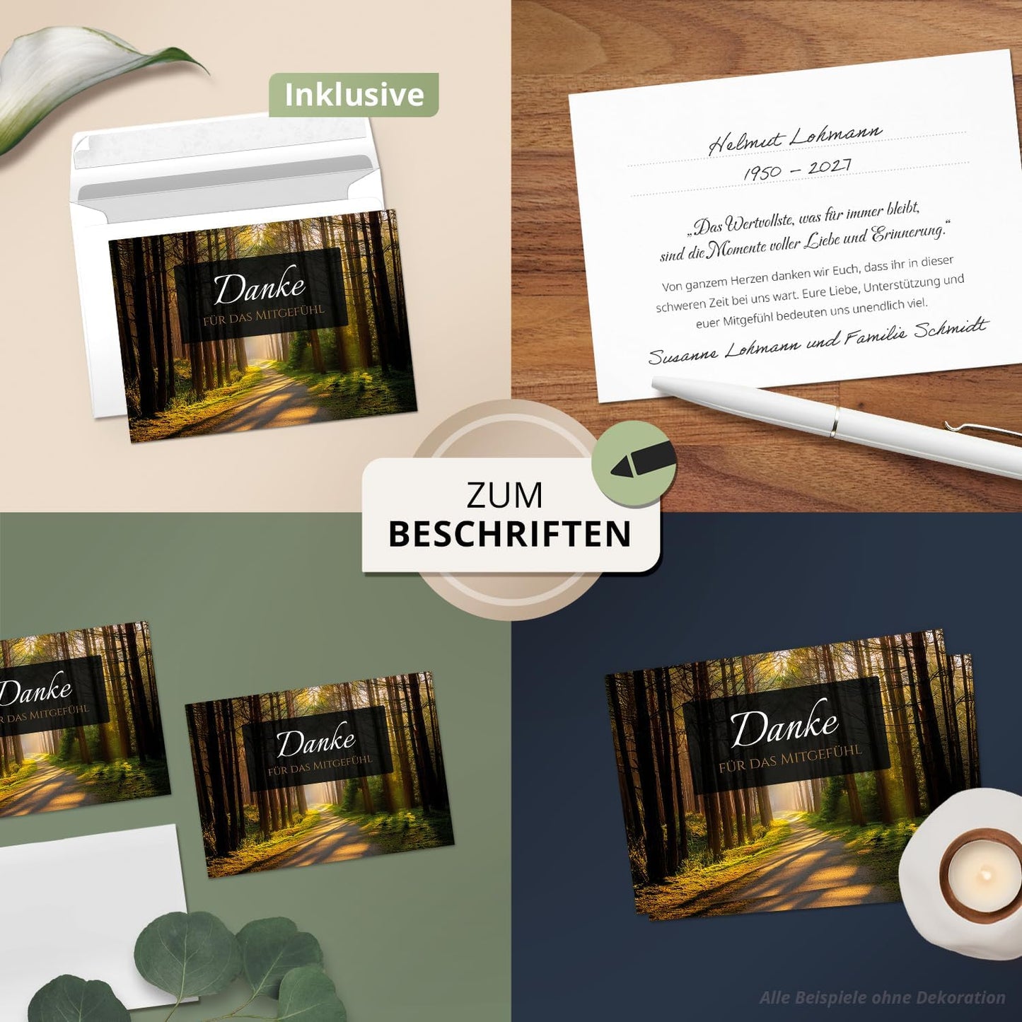 8 Trauer Danksagungskarten ausfüllbar mit Umschlag - Danke Trauerkarten Postkarten Beerdigung Ausfüllen mit Text Motiv Friedwald Baum Lichtung Wald
