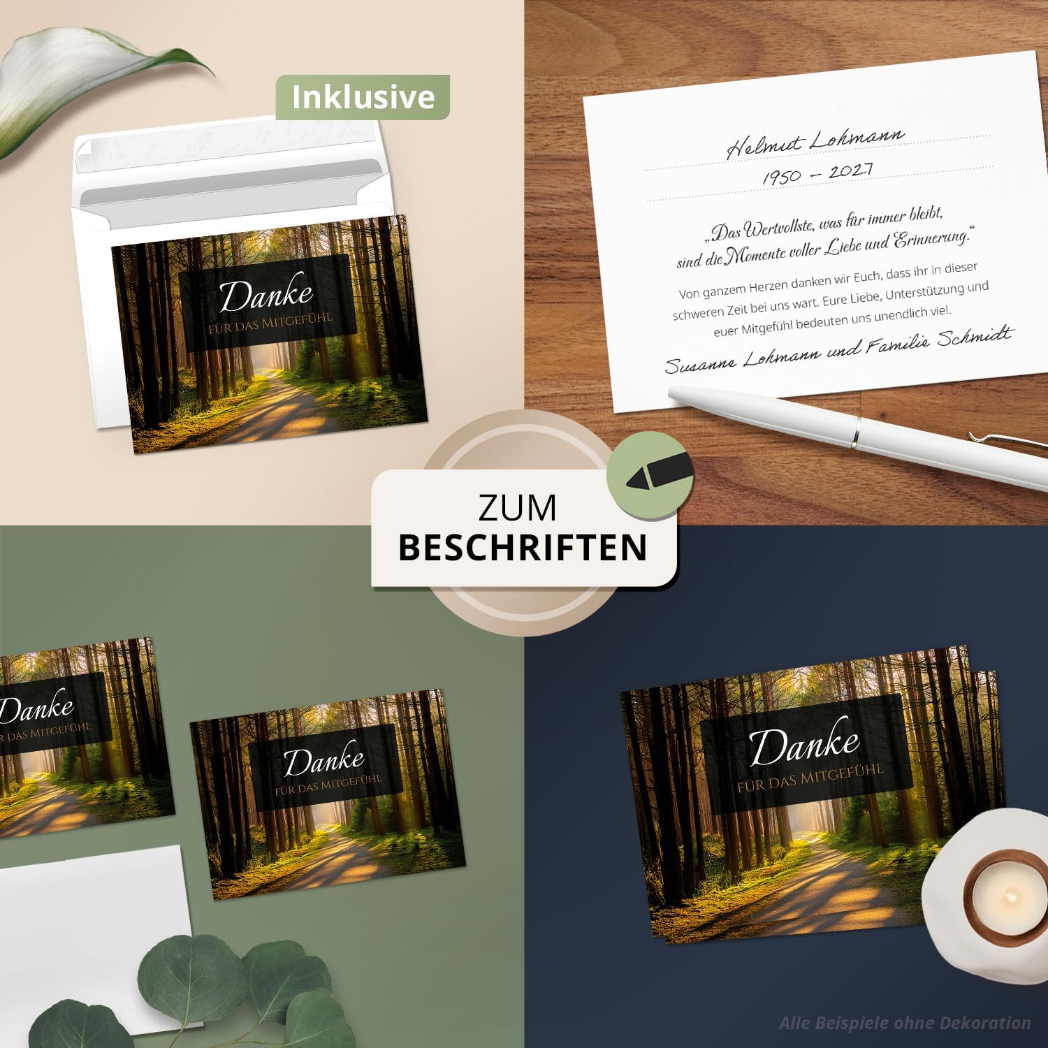 8 Trauer Danksagungskarten ausfüllbar mit Umschlag - Danke Trauerkarten Postkarten Beerdigung Ausfüllen mit Text Motiv Friedwald Baum Lichtung Wald