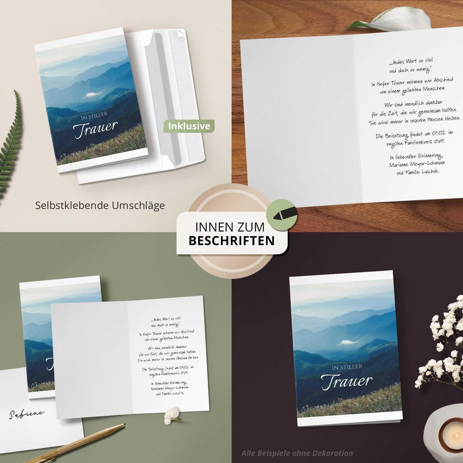 10 Trauerkarten mit Umschlag – Einladung zur Beerdigung oder Trauerfeier | Abschied | Hochwertige Klappkarten zur Todesanzeige – Motiv: Berge Nebel