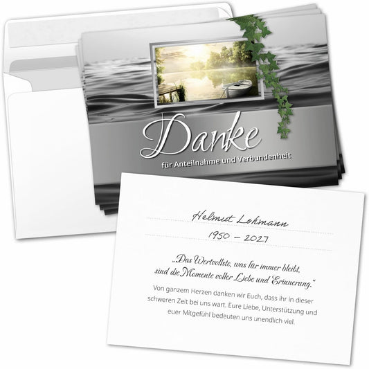 8 Trauer Danksagungskarten ausfüllbar mit Umschlag - Danke Trauerkarten Postkarten nach Beerdigung zum Ausfüllen mit Text Motiv Efeu See