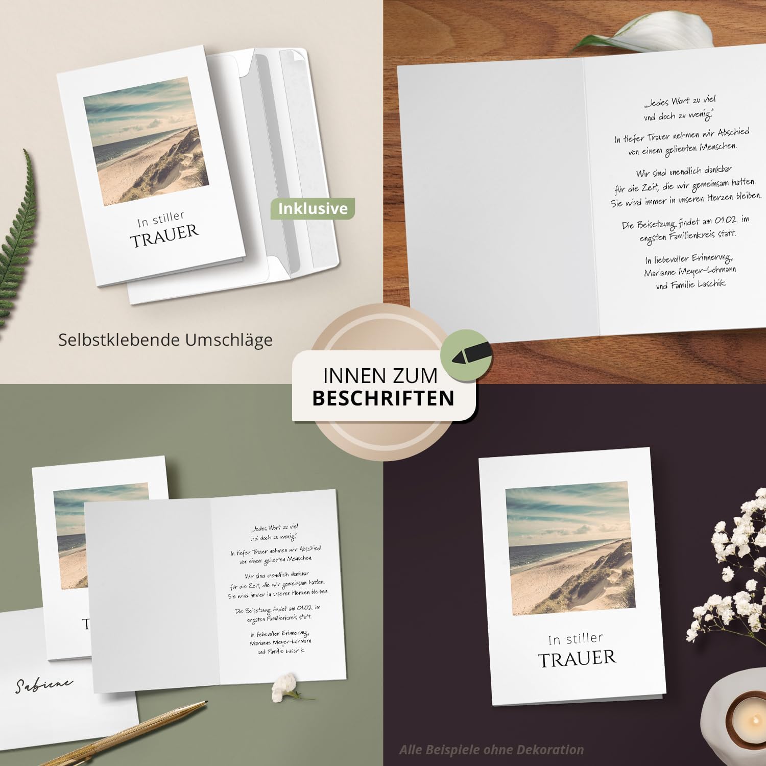 10 Trauerkarten mit Umschlag – Einladung zur Beerdigung oder Trauerfeier | Abschied | Hochwertige Klappkarten zur Todesanzeige – Motiv: Am Strand