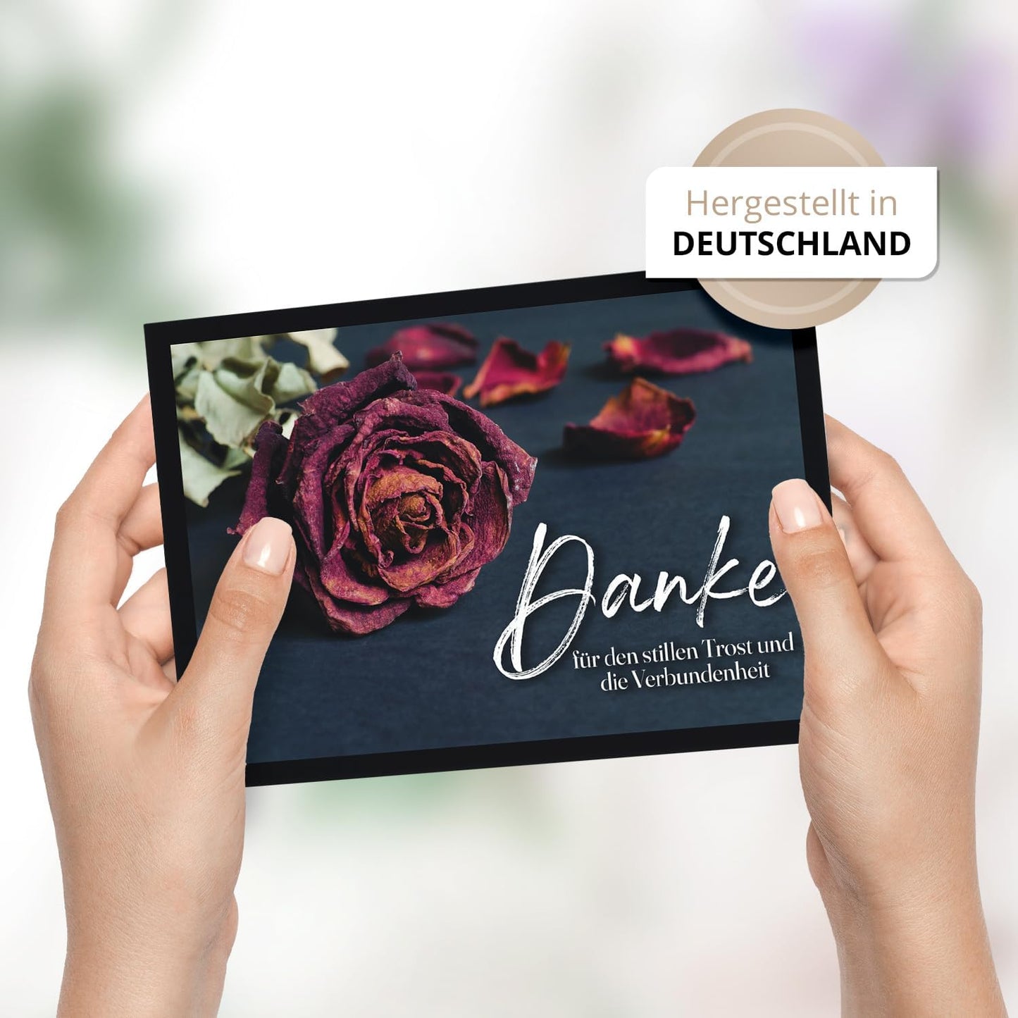 8 Trauer Danksagungskarten ausfüllbar mit Umschlag - Danke Trauerkarten Postkarten nach Beerdigung zum Ausfüllen mit Text Motiv Rote Rose Rosen Blume