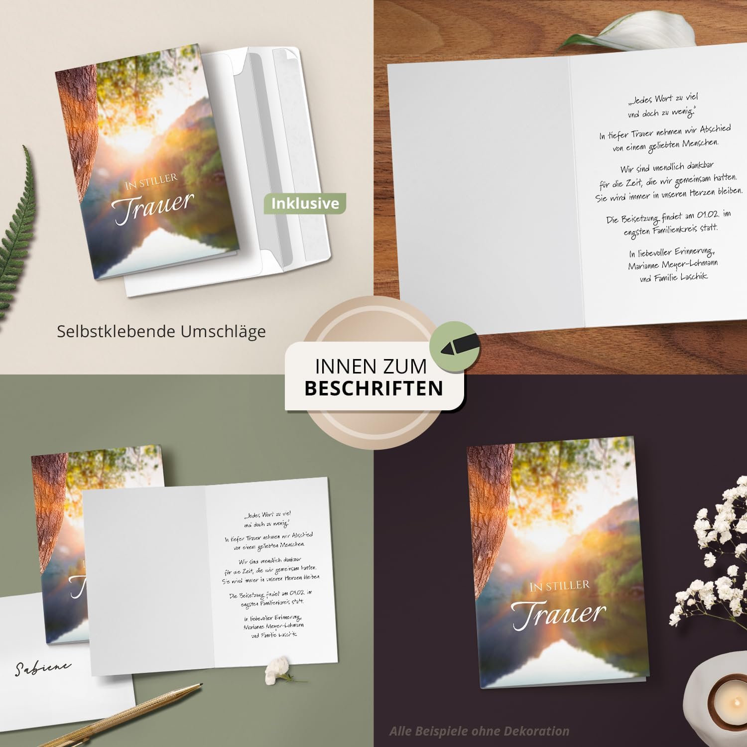 10 Trauerkarten mit Umschlag – Einladung zur Beerdigung oder Trauerfeier | Abschied | Hochwertige Klappkarten zur Todesanzeige – Motiv: Spiegelung