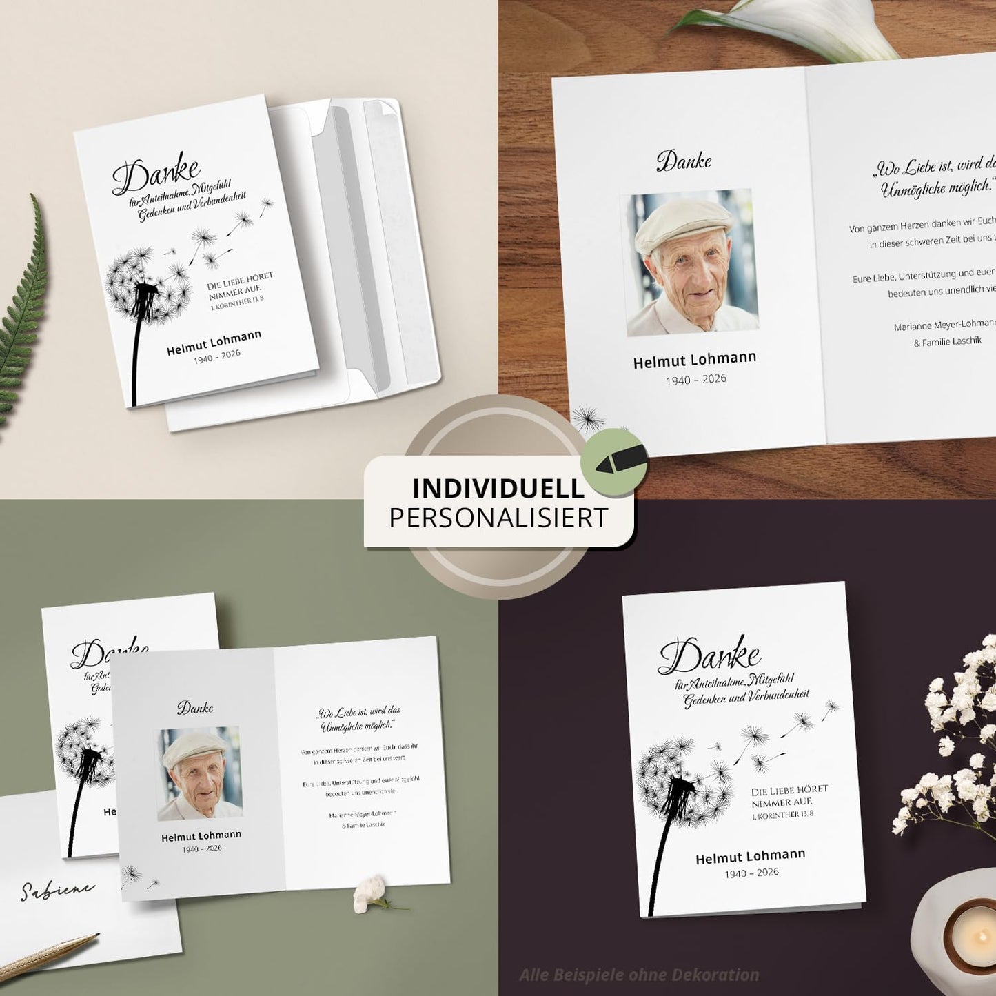 Einladungskarten Manufaktur Hamburg 10 PERSONALISIERTE Trauer Danksagungen Dankeskarten mit Text und Foto | Individuell anpassbare Trauerkarten mit Briefumschlägen | Karten Pusteblume