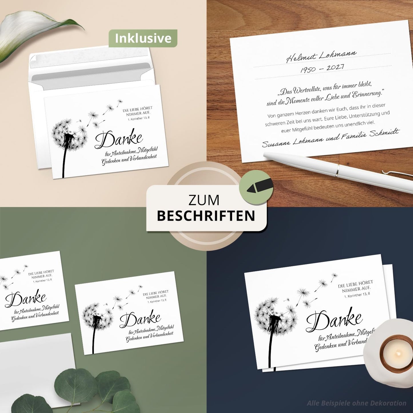 8 Trauer Danksagungskarten ausfüllbar mit Umschlag - Danke Trauerkarten Postkarten nach Beerdigung zum Ausfüllen mit Text Motiv Pusteblume Löwenzahn