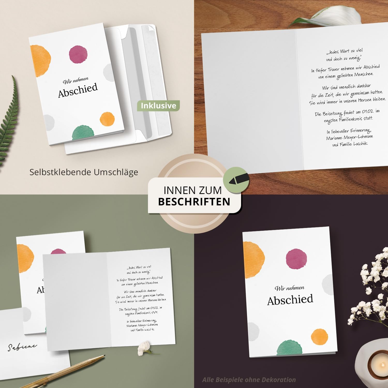 10 Trauerkarten mit Umschlag – Einladung zur Beerdigung oder Trauerfeier | Abschied | Hochwertige Klappkarten zur Todesanzeige – Motiv: Bunt