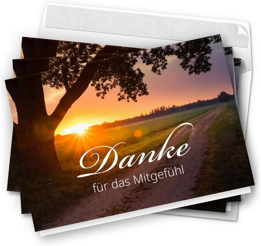 Danksagungskarten Trauer – 10 Klappkarten mit Umschlägen – Motiv: Untergang am Feld – Trauerkarten Danksagung mit Text – Dankeskarten Trauer nach Beerdigung