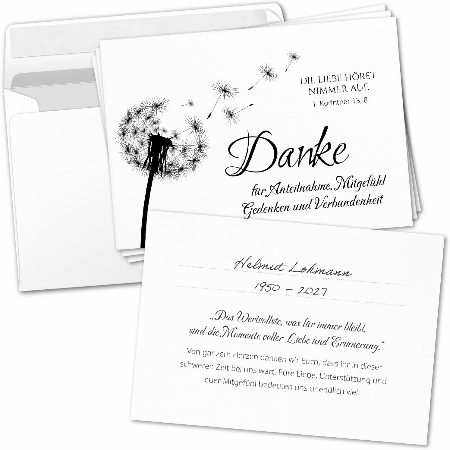 8 Trauer Danksagungskarten ausfüllbar mit Umschlag - Danke Trauerkarten Postkarten nach Beerdigung zum Ausfüllen mit Text Motiv Pusteblume Löwenzahn