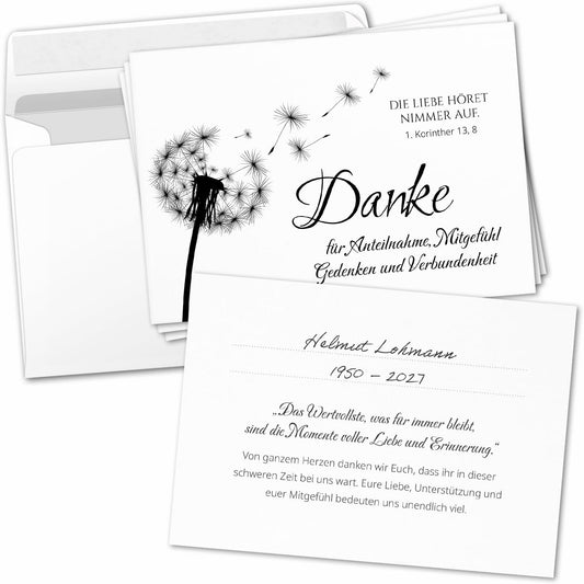 8 Trauer Danksagungskarten ausfüllbar mit Umschlag - Danke Trauerkarten Postkarten nach Beerdigung zum Ausfüllen mit Text Motiv Pusteblume Löwenzahn