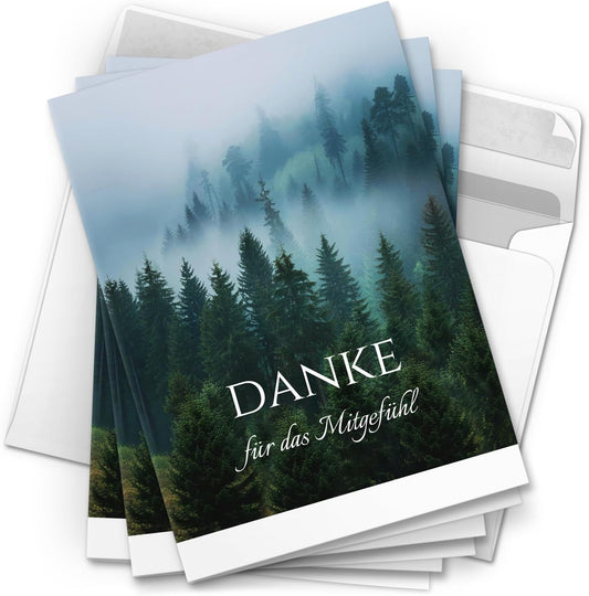 Danksagungskarten Trauer – 10 Klappkarten mit Umschlägen – Motiv: Bäume im Nebel – Trauerkarten Danksagung mit Text – Dankeskarten Trauer nach Beerdigung