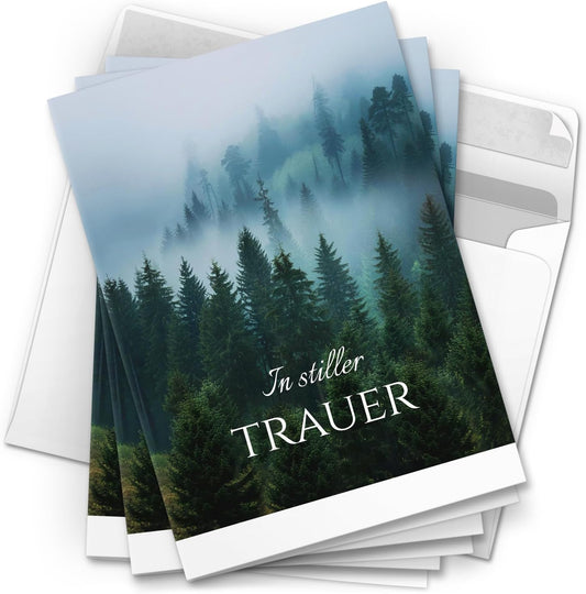 10 Trauerkarten mit Umschlag – Einladung zur Beerdigung oder Trauerfeier | Abschied | Hochwertige Klappkarten zur Todesanzeige – Motiv: Wald