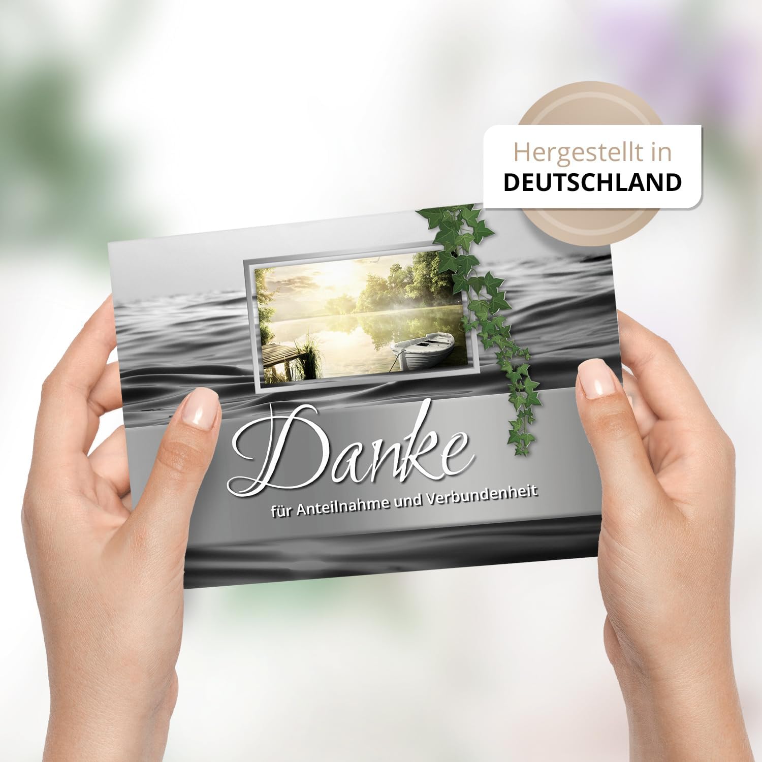 8 Trauer Danksagungskarten ausfüllbar mit Umschlag - Danke Trauerkarten Postkarten nach Beerdigung zum Ausfüllen mit Text Motiv Efeu See