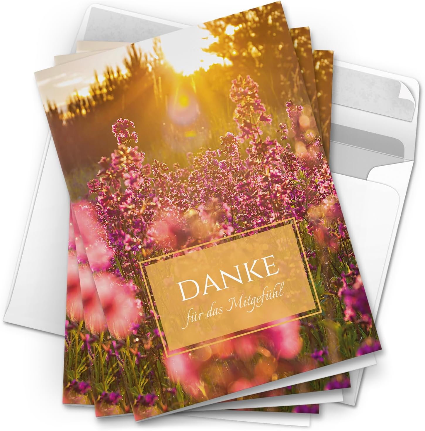 Danksagungskarten Trauer – 10 Klappkarten mit Umschlägen – Wiese im Sonnenschein – Trauerkarten Danksagung mit Text – Dankeskarten Trauer nach Beerdigung