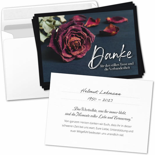 8 Trauer Danksagungskarten ausfüllbar mit Umschlag - Danke Trauerkarten Postkarten nach Beerdigung zum Ausfüllen mit Text Motiv Rote Rose Rosen Blume