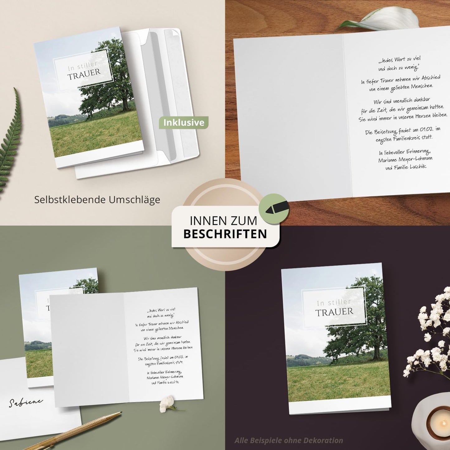 10 Trauerkarten mit Umschlag – Einladung zur Beerdigung oder Trauerfeier | Abschied | Hochwertige Klappkarten zur Todesanzeige – Motiv: Baum